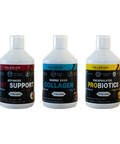 Valerion Nutrition Daily Shot pack: three 500 ml bottles (Advanced Joint Support, Marine 5000 Collagen and Encapsulated Probiotics) on a transparent background