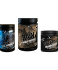 Valerion Nutrition Training Stack: SMASH Pre-Workout, RAW Whey Protein and Creatine Monohydrate tubs on a transparent background